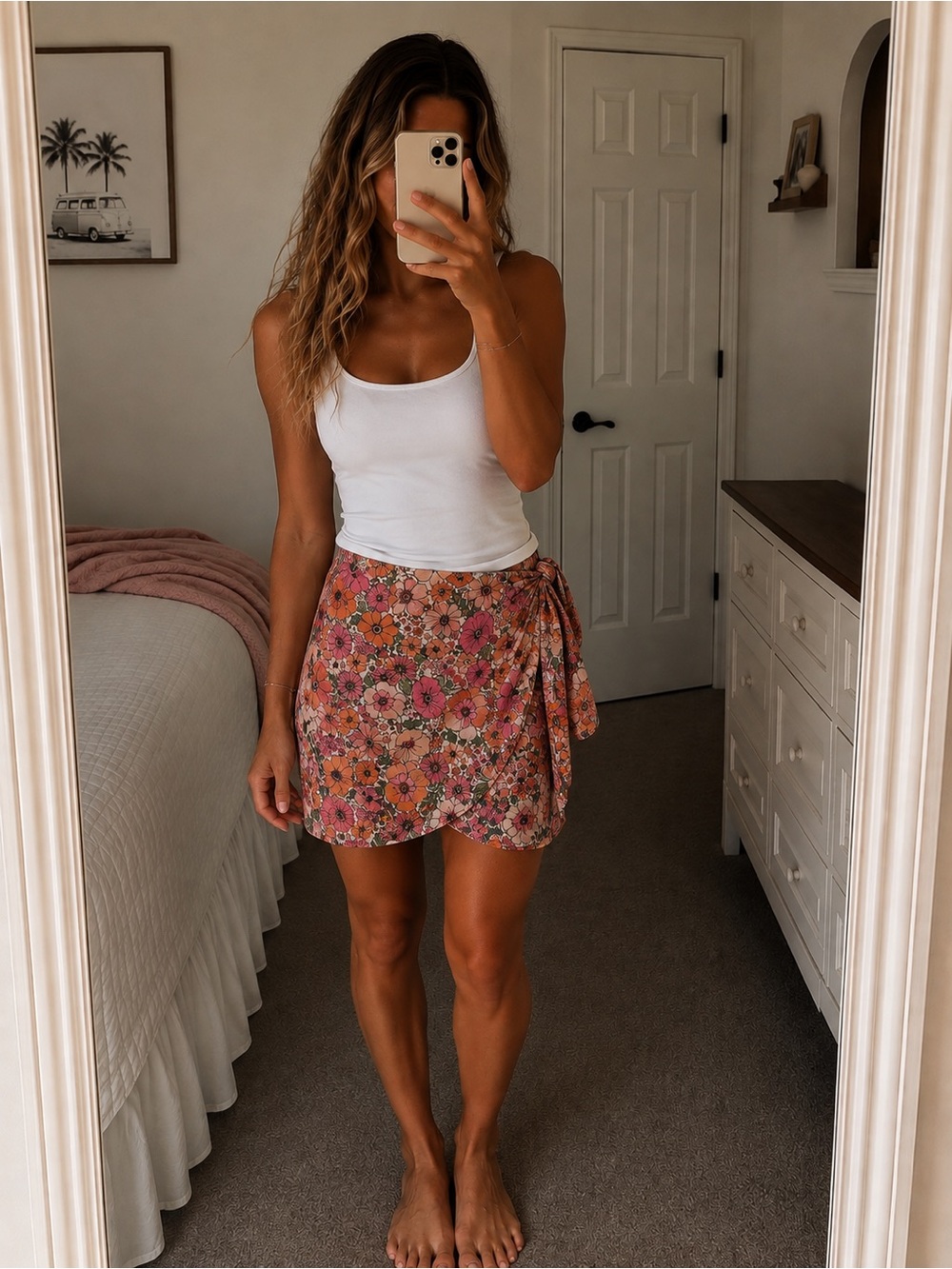 Floral Tie-Side Pink & Orange wrap Mini Skirt boho tie waist high waisted size 6